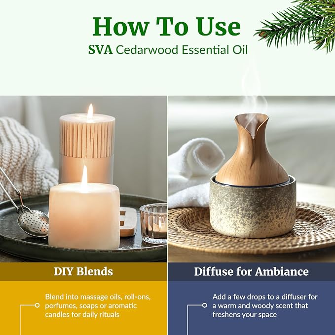 SVA Cedarwood Essential Oil 4 Fl Oz – for Diffuser, Skin & Hair Care – Ideal for Massage & DIY Blends - with Dropper