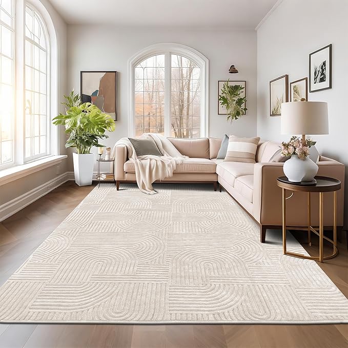 Pauwer 9x12 Area Rugs for Living Room, Modern Non Slip Washable Rug, Beige | Arch Pattern, Soft Fluffy, Neutral, Boho Accent, Solid Color Floor Carpet, For Kids Room Dining Room Nursery Entryway