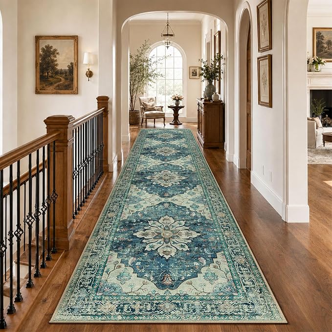 RELEANY Area Rugs Runner 3'x12' Washable Non-Slip, Floral Vintage Distress Medallion Carpet for Kitchen Hallway Bedroom Beside Laundry Room Bathroom, Dark Blue Vintage