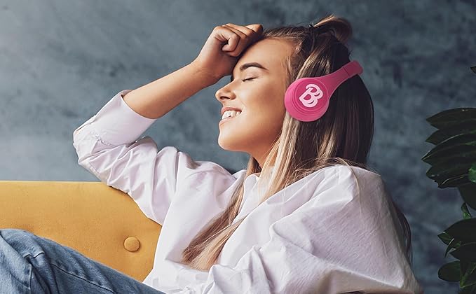 eKids Barbie Bluetooth Headphones, Pink Wireless Headphones with Microphone Includes Aux Cord, Volume Reduced Kids Foldable Earphones