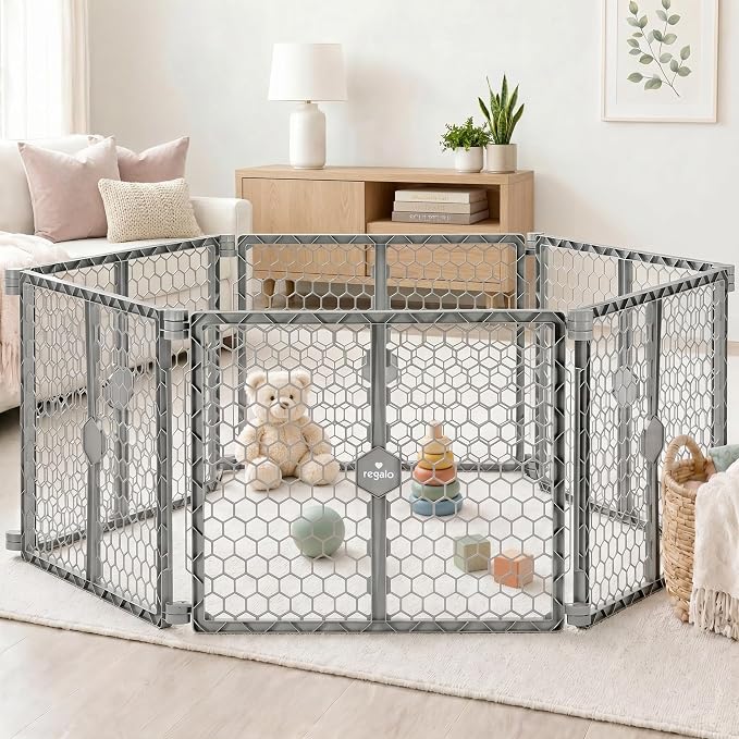 Regalo Safety 192" Super Wide Baby Gate & Play Yard, 2-in-1 Adjustable Playpen for Babies, Toddlers & Pets, Includes Wall Mount Kit, Plastic, Gray