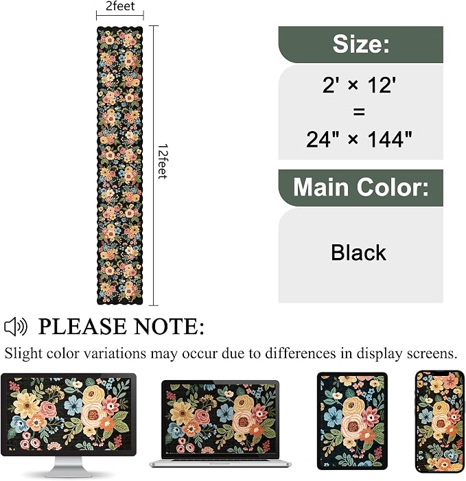 DUKINO 2x12 Washable Runner Rug, Floral Long Runner Rug for Hallway, Black | Non Slip, Low Pile, Soft Throw Rug Runner for Kitchen, Entryway, Bedroom, Bathroom, Pet Friendly, Home Decor, Non-Shedding