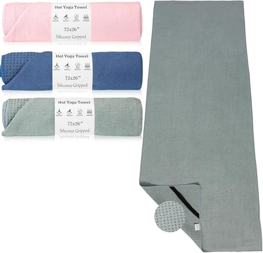 Hahafelt 3 Pack Hot Yoga Mat Towel Non Slip Microfiber Pilates Towel with Grip Dots & Elastic Straps, 72" x 26" Absorbent Sweat Anti-Slip Hot Yoga Gym Mat for Fitness Workout(Morandi Pink Blue Green)
