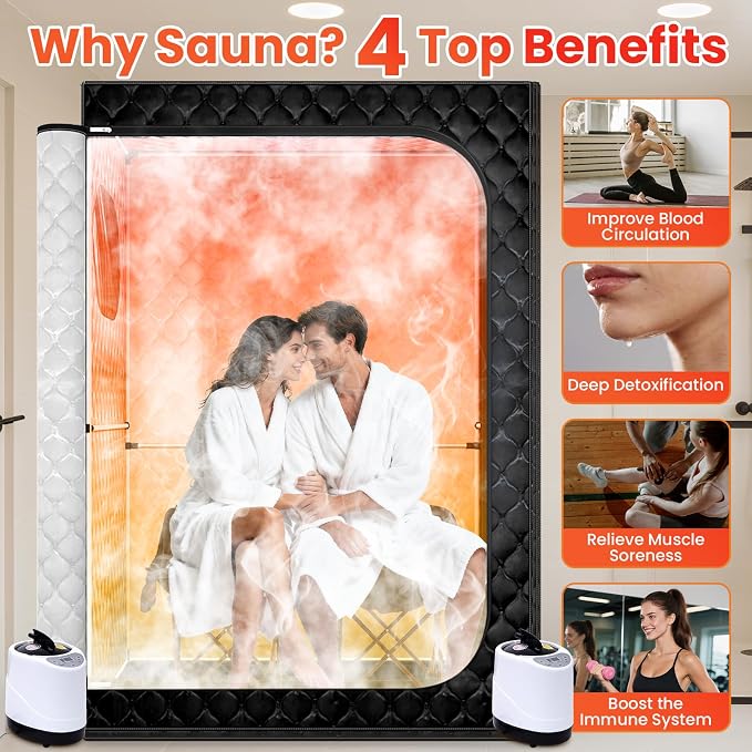 2 Person Sauna, Upgraded Portable Sauna for Home, Extra Large Personal Steam Sauna Box with 2 Steamer, 2 Folding Chair, 71”x 49”x 36”, Full Body Steam Tent at Home Sauna for Relaxation Spa, Black