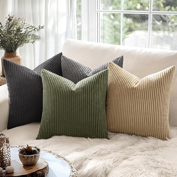 MIULEE Euro Corduroy Throw Pillow Covers Set of 2 24x24 Olive Green | Soft Striped Textured Cushion Cases, Boho Natural Greenery Pillowcases for Home Decor, for Couch Chair Sofa Bed Living Room