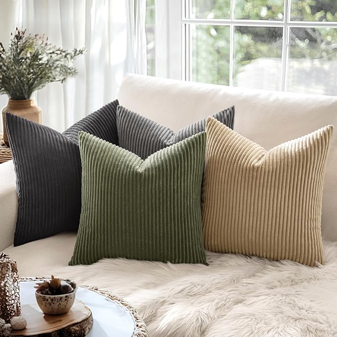 MIULEE Decorative Corduroy Throw Pillow Covers Set of 2 18x18 Olive Green | Soft Striped Textured Cushion Cases, Boho Natural Greenery Pillowcases for Home Decor, for Couch Chair Sofa Bed Living Room