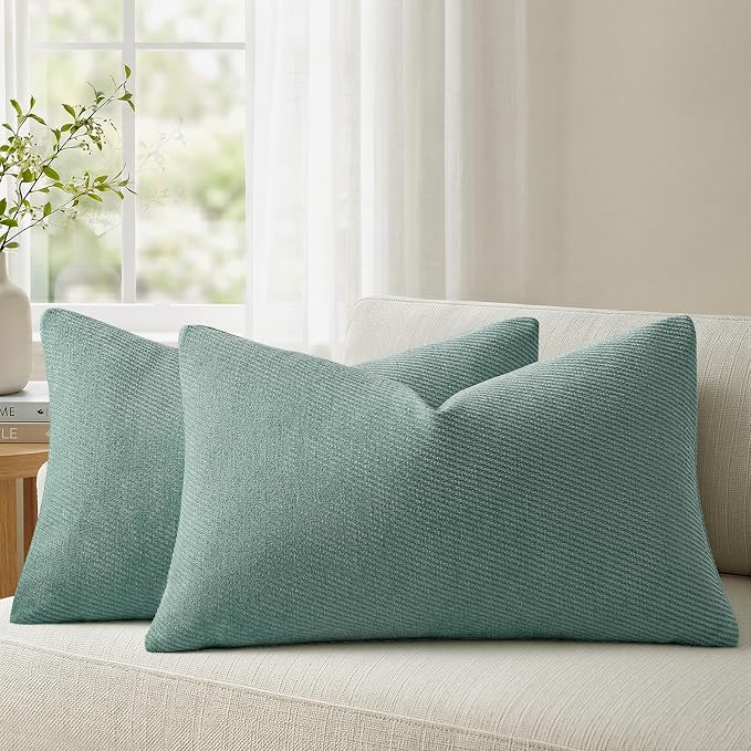 a moment Pack of 2 Decorative Chenille Throw Pillow Covers with Twill Cushion Covers for Sofa Living Room Couch Bed 20x12 Inch Teal