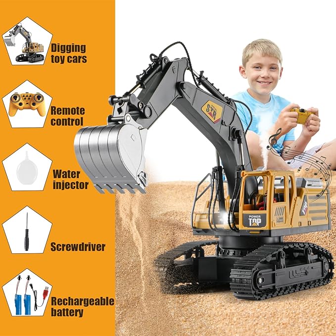 Remote Control Excavator Toys for Boys,14 Channel 1:14 RC Digger Construction Toys Tractor,Simulated Smoke, Sound, Lighting, Metal Digging Head, for Boys 6 7 8 9 10 11 12