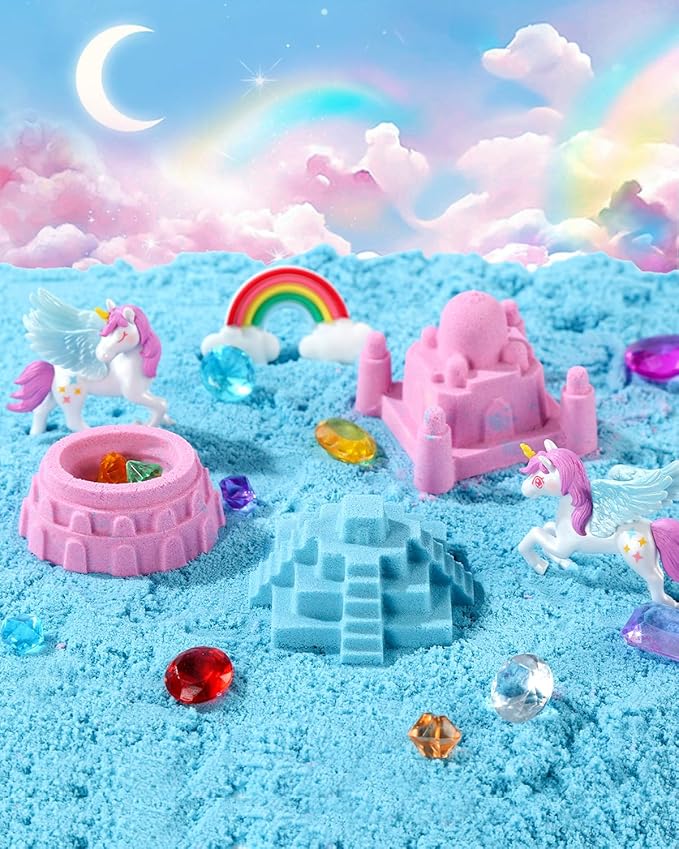 sikmcle Unicorn Sensory Bin Play Sand Kit for Girls Moulds Toddler Sand Art Kit with Sandbox for Kids for Toddlers Ages 3-8