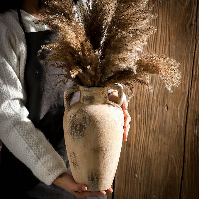 Ceramic Flower Vase, 11.41 Inch Tall Farmhouse Vase with Handles | Terracotta Rustic Vase Adds Farmhouse Charm to Living Room, Entryway,Shelf,Table Decor, Perfect for Wedding and Home Gifts