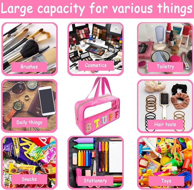 Bunliuys Chenille Letter Clear Makeup Bag Stuff Patch, Travel Toiletry Makeup Bag with Handle, Nylon Waterproof Makeup Bags clear cosmetic bag, preppy patch makeup bag for Women (STUFF-Hot Pink)