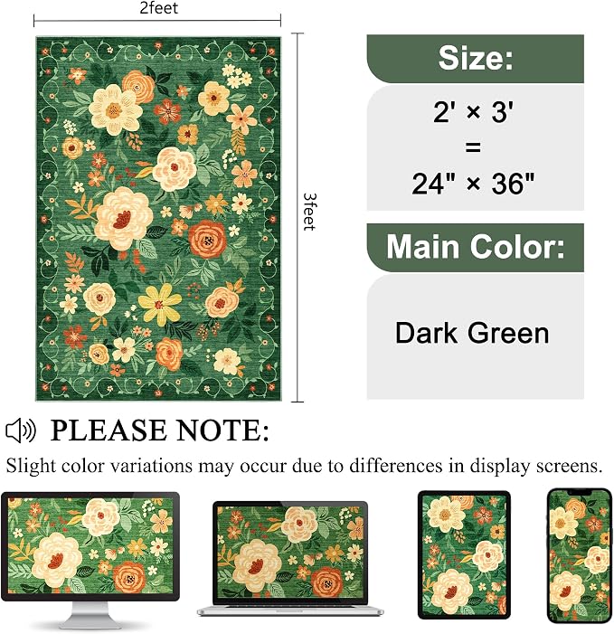 DUKINO 2x3 Entryway Rug, Door Mat Soft Washable Rug Non Slip, Dark Green | Low Pile, Non-Shedding, Floral Small Rug for Kitchen, Entrance, Bedroom, Bathroom, Pet Friendly, Stain Resistant, Home Decor