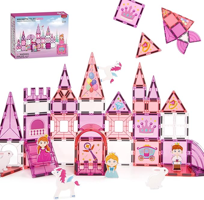 Magnetic Tiles (58PCS), Pegasus Castle STEM Building Set with Princess and Prince, Educational Toys Gift for Girls Ages 3+