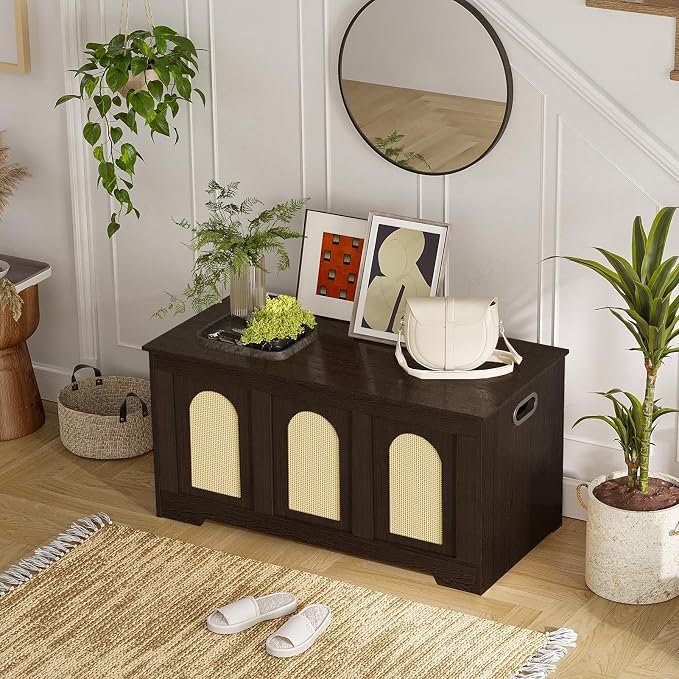 Storage Chest, Wooden Toy Box, Espresso Oak 39.4" L | Entryway Shoe Bench, 2 Safety Hinges, Finger-safe Flip-Top, Easy Assembly, Farmhouse Large Trunk, Rattan, Living Room/Bedroom