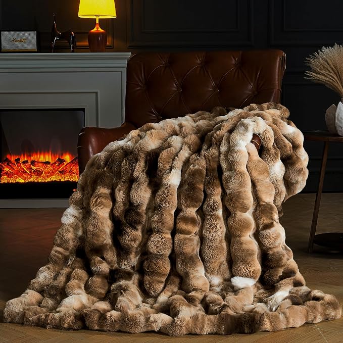 Faux Fur Throw Blanket for Couch, Fluffy Fuzzy Plush Bubble Blanket, Soft Warm Cozy Shaggy Rabbit Blanket, Luxury Decorative Gifts for Sofa Bedroom Living Room, 60x80inch (Tie-Dye-Brown)