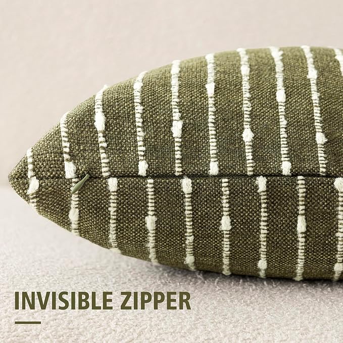 Foindtower Pack of 2 Decorative Jacquard Boucle Throw Pillow Covers Accent Textured Striped Pillowcases Soft Boho Modern Cushion for Couch Sofa Bedroom Living Room Home Decor 20x20 Inch Olive Green