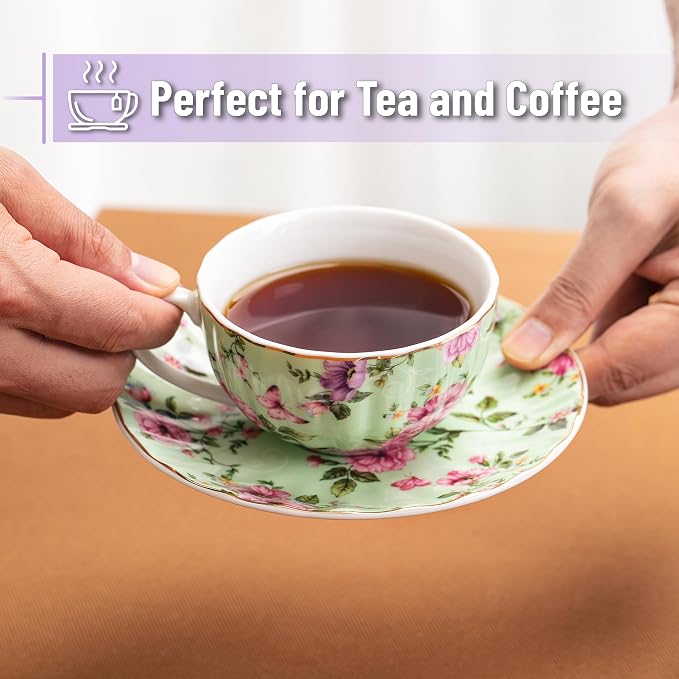 BTaT- Floral Tea Cups and Saucers Set of 6 (7 oz), Porcelain Tea Cups Set of 6, Modern Midnight Floral Design with Gold Trim, Dishwasher & Freezer Safe