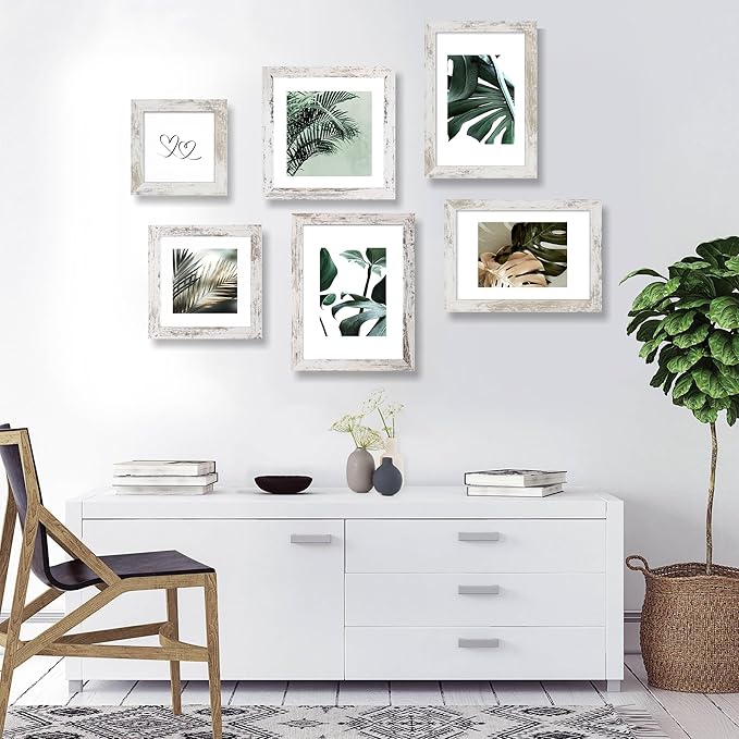 Hongkee 12x12 Picture Frame Set of 4 - Made of Glass and Distressed White Wooden Frame, Display Square Pictures 10x10 with Mat or 12 x 12 without Mat, Desktop & Wall Collage Photo Frame