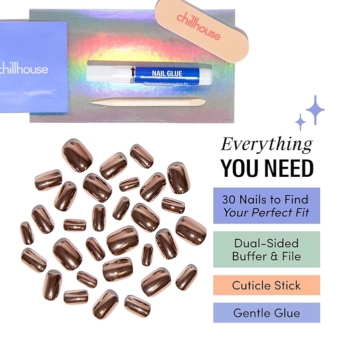 Chillhouse Chill Tips Signatures Press On Nails Kit, Better Than Chocolate - 30 Nail Shapes & Sizes, Dual-Sided Buffer & File, Cuticle Stick & Glue - Long-Lasting Nail Art Manicures
