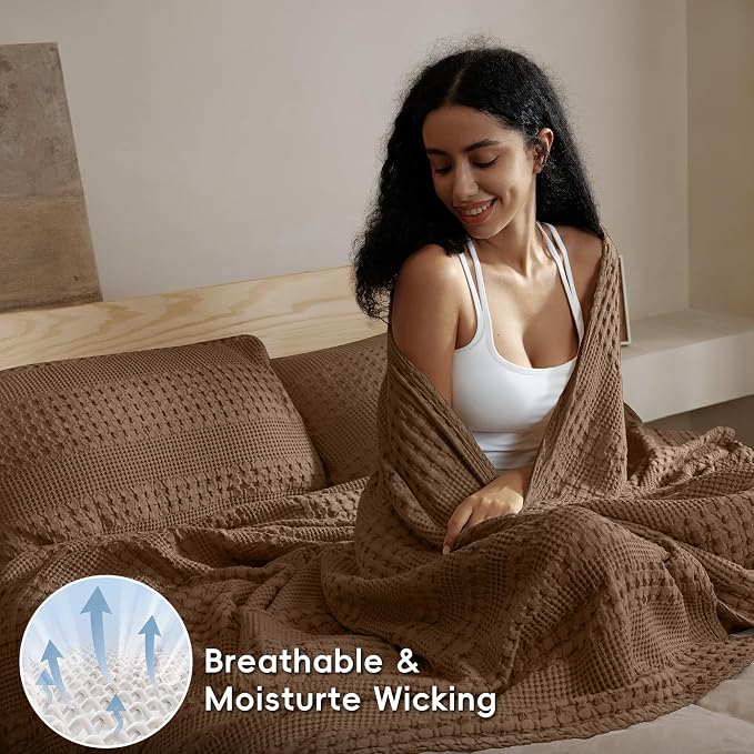 PHF 100% Cotton Waffle Weave Blanket King Size, Lightweight Breathable Summer Blanket for Hot Sleepers, Pre-Washed Soft Layer for Bed, Couch, Home Decor Gift, 108"x90", Chocolate