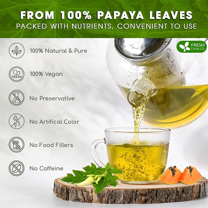 FreshDrinkUS, Premium 4oz Papaya Leaves For Tea, 100% Natural & Pure from Papaya Leaves. Loose Leaf Herbal Tea. Made with Natural Material Tea Bags. No Sugar, No Caffeine, No Gluten, Vegan.