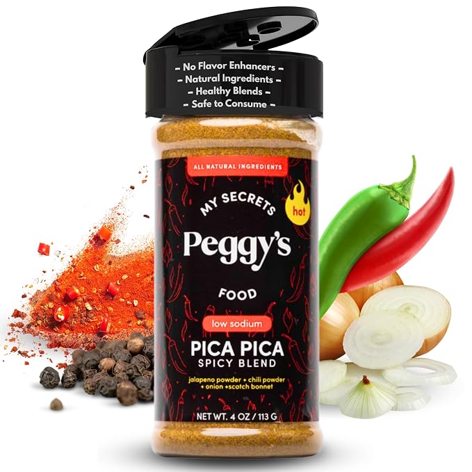 My Secrets Peggy's Food Pica Pica Spicy Blend - Premium Gourmet Seasoning with Jalapeño, Chili, and Scotch Bonnet Pepper - All-Purpose Heat for Grilling, Tacos, and Roasted Vegetables - 4 oz