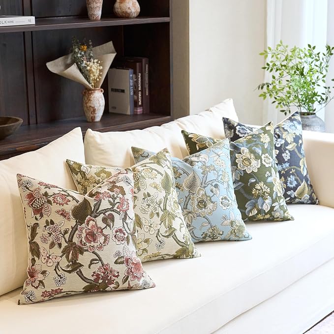 Neutral Floral Pillow Cover 18x18, Vintage Square Pillow Cover Soft Decorative Farmhouse Accent Pillow Cases for Couch Bedroom Living Room Home Decor, Blue