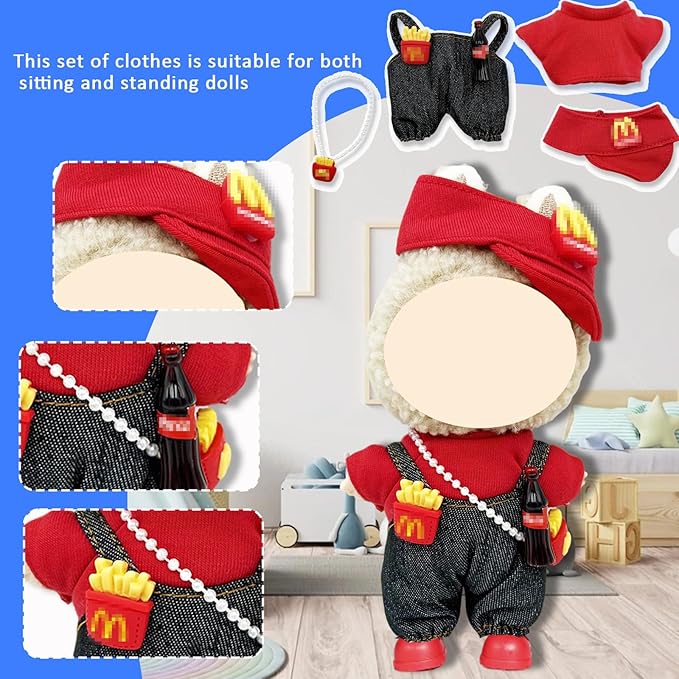 Doll Clothes for Labubu,Cute Outfit for 17cm Doll Clothe 2/3PCS Clothes and Hats Stylish Dolls Clothe for 17 cm Labubu,Casual Style Costumes for Labubu Dolls (Mai Believers Set hat+T-Shirt+Overalls)