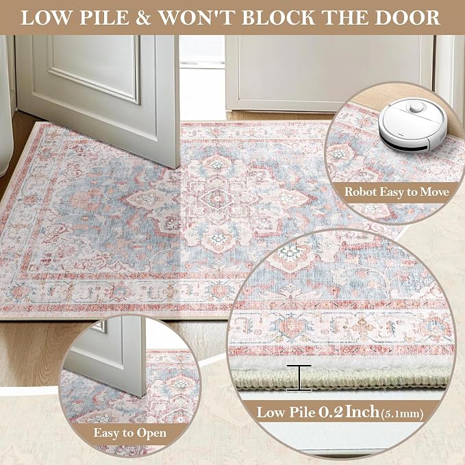 CAPALOCA 5x7 Washable Nursery Girls Low Pile Area Rug Pink Blue | Non-Slip Soft Rugs for Bedroom Kids Playroom Living Room, Print Pattern Water Repellent Carpet Indoor Decor