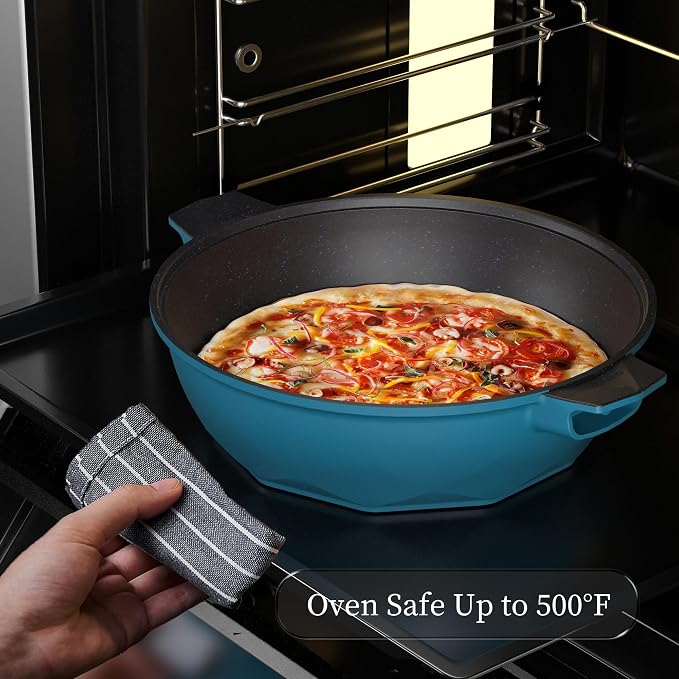 TIBORANG 11 Inch Nonstick Frying Pan with Lid,8-in-1 Multipurpose Cookware | 5 Qt Deep Sauté Pan Skillet with Steamer, PFOA-Free, Dishwasher & Oven Safe, Induction Compatible, Stay-Cool Handle,Dark Teal