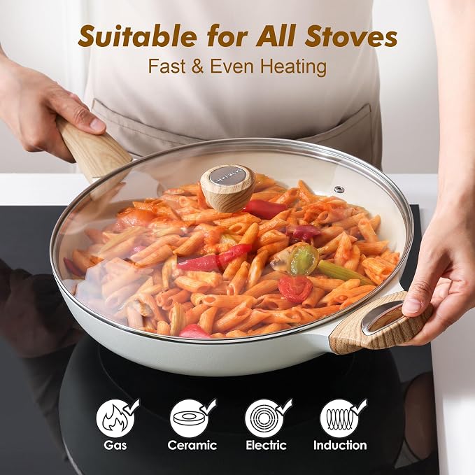 SENSARTE 12.5inch Ceramic Nonstick Frying Pan Skillet with Lid, White | Non Stick Omelet Pans, Non-toxic Healthy Kitchen Cooking Chefs Pan, PFOA/PFAS/PTFE Free, Induction Compatible