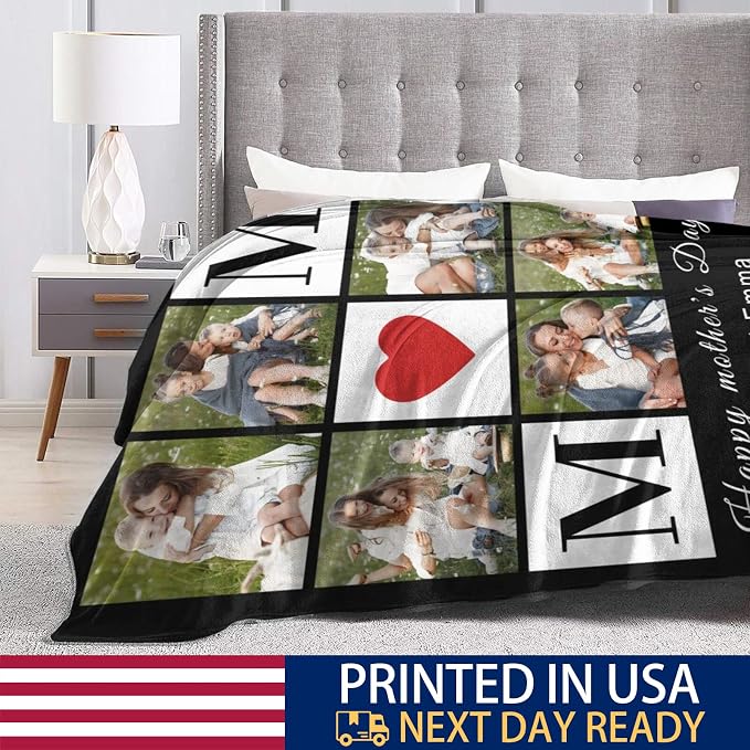 Gifts for Mom Custom Blanket with 6 Photo & Text, Personalized Birthday Blanket with Picture for Mother, HD Printing Customized Flannel Throw Blanket Gifts for Best Mom Ever