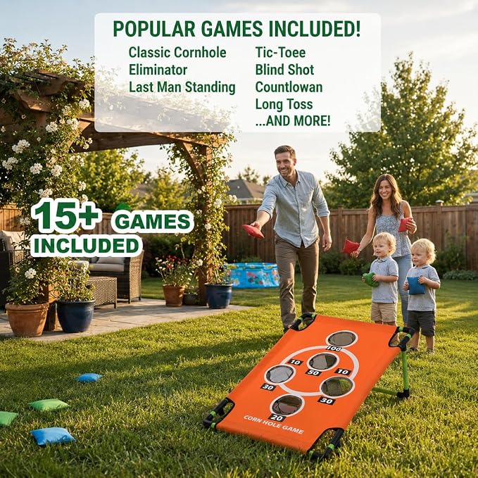 2026 Upgraded Arcade Style Cornhole Board with 8 Bean Bags|3x2 FT Regulation Corn Hole Games|15+ Multi-Games| Durable All-Weather Fabric for Outdoor Fun Camping Travel Beach Yard Backyard Lawn