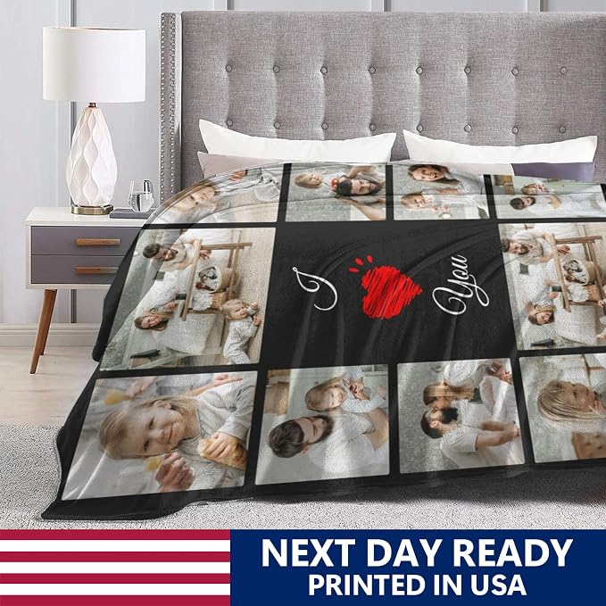 Custom Blanket with Picture Text, Personalized 10 Photo Blanket, HD Printing Customized Flannel Throw Blanket Gifts for Mom Dad Couple Girlfriend Boyfriend Wife Husband Christmas
