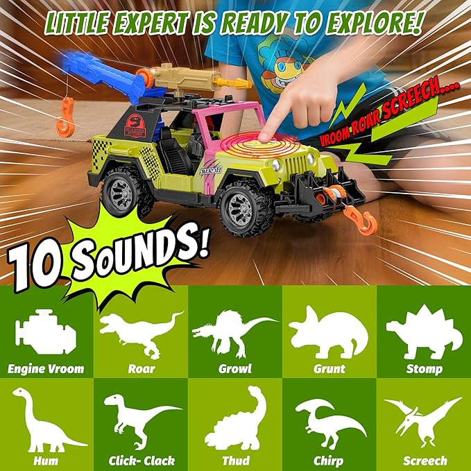 EKU Dinosaur Tow Truck with 10 Sounds, Launcher, Human, Chomping Velociraptor Figure, Push and Go Adventure Vehicle for Jurassic World Toys Pretend Play Gifts for Kids Boys Girls 3+
