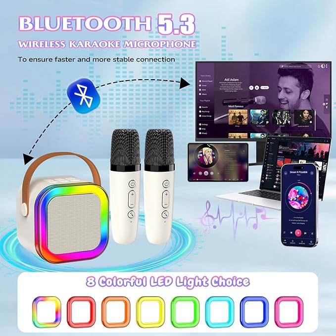 Portable Karaoke Machine, Mini Karaoke Machine with 2 Wireless Microphones for Kids Adults, Kids Microphone Christmas Birthday Toys for Girls Boys Toddler 4, 5, 6, 7, 8, 10 12+ Years Old 【Beige】