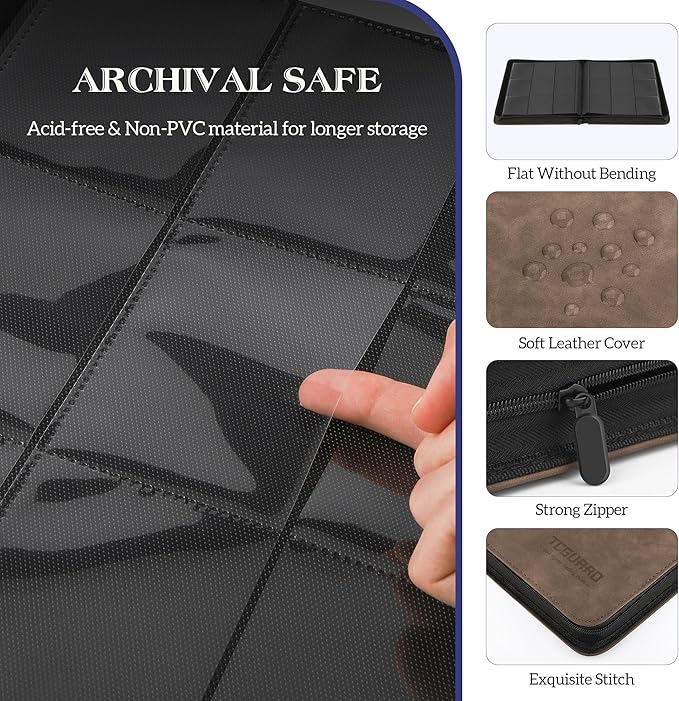 Trading Card Binder, 9 Side Loading Pocket Card Album Hold Up to 540, Zipper Binder for Collection, TCG Holder for Sports, Yugioh, MTG etc. (Brown 9)