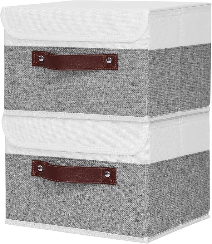 ANMINY Fabric Storage Box Bins with Lids, Gray White, 13"x9"x7.9", 2 Pack | Keepsake Memory Storage, Cotton Linen, PP Board Reinforced, Washable, PU Handles, Foldable & Stackable, Decorative, Medium