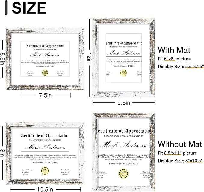 Vittanly 8.5x11 Picture Frames Set of 9, Shatter Resistant Plexiglass, Display 6x8 Pictures with Mat or 8.5x11 without Mat, Photo Frames for Wall or Tabletop, Engineered Wood, Distressed White