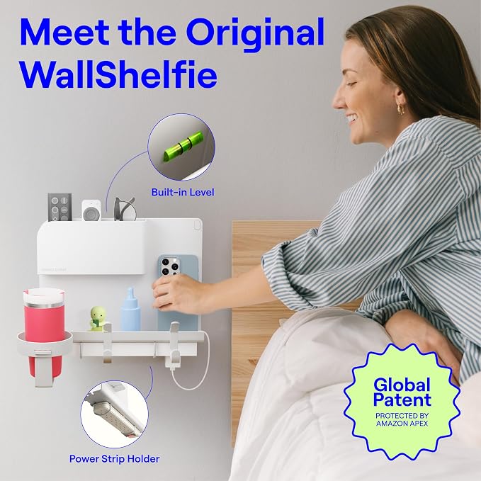 WallShelfie Bedside Wall Organizer & Dorm Decor for Dorm Room - White | Dorm Room Essential, Floating Bedside Shelf Wall Mount Organizer, Remote Control Holder, Cool Teen Girls Trendy Stuff,