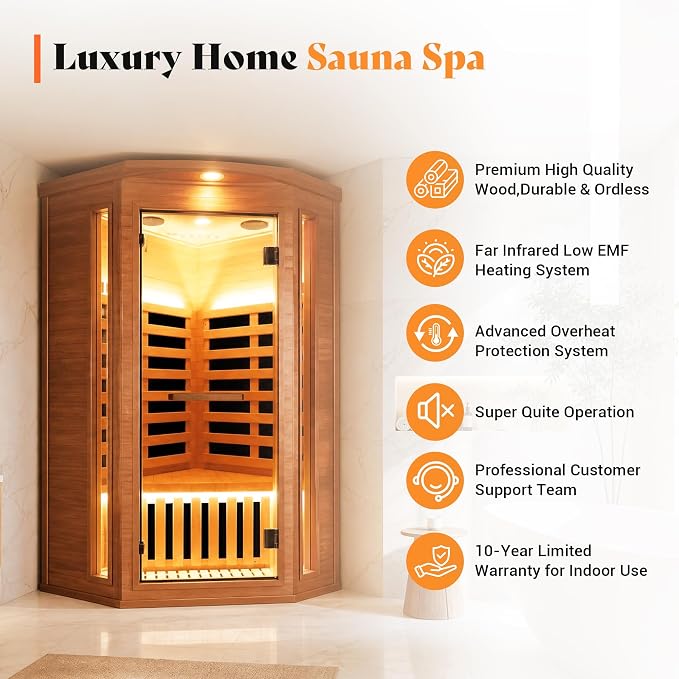 Sauna, Infrared Sauna for Home Far Infrared Saunas Room Corner Sauna for 1 Person Low-EMF Wood Dry Sauna with Speakers Oxygen Bar 7 Color Light 1300W Fast Heating Easy Assembly 37.4x37.4x70.9