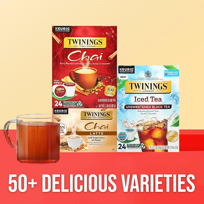 Twinings Chai Black Tea K-Cup Pods for Keurig, 24 Count (Pack of 1), Naturally Sweet and Savoury Spice Flavours, Caffeinated, Enjoy Hot or Iced