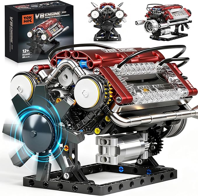 V8 Engine Building Blocks Sets, V8 Engine Model Kit, Runnable Model Engine Building Sets, Mini Engine Kits with Crankshaft & Rotating Fan, for Adults & Kids