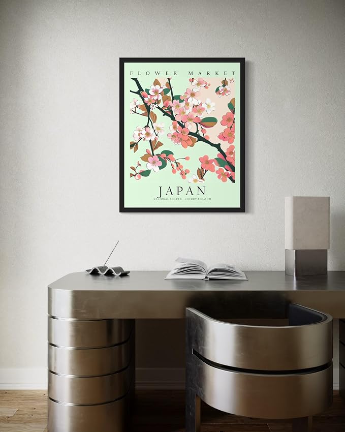 Japan Flower Market Art Print Poster, Wall Art Floral Painting Botanical Decor for Bedroom, Kitchen, Bathroom Livingroom Decoration 82B (Japan, 14"L x 11"W, Black Frame)