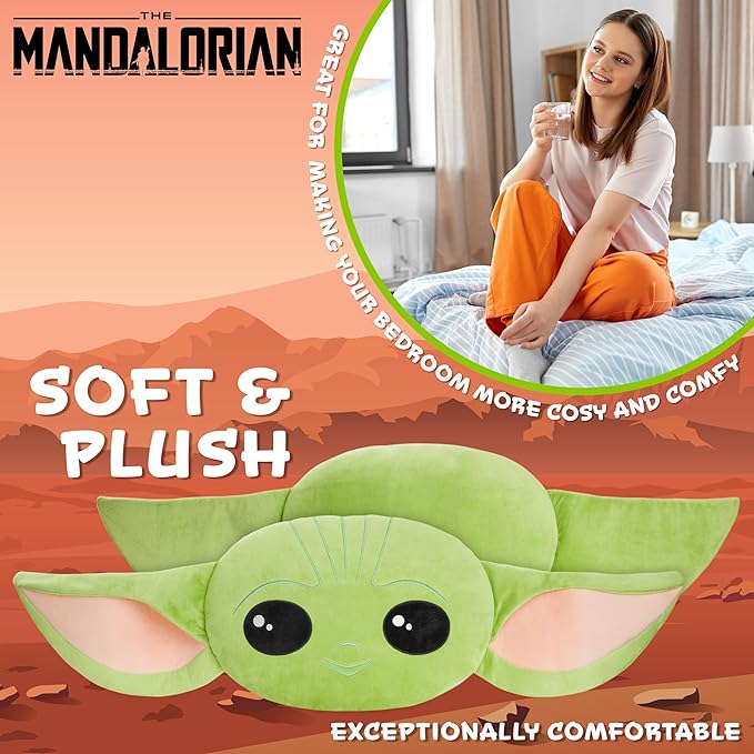 Disney Stitch 3D Plush Cushions for Bed Travel, Cute Cuddle Pillow Stuffed Character Pillow, Bedroom Accessories, Room Decor, Gifts for Kids (Green Baby Yoda, L14.96 x W10.23)