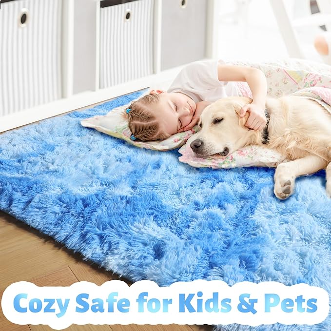 Amdrebio Tie-Dyed Light Blue Fluffy Area Rug 5x7 for Girls Kids Bedroom | Shag Fuzzy Soft Shaggy Carpet, Classroom Playroom Baby Nursery Toddler Room Decor, Coastal Aesthetic Ocean Beach Sky, Kawaii