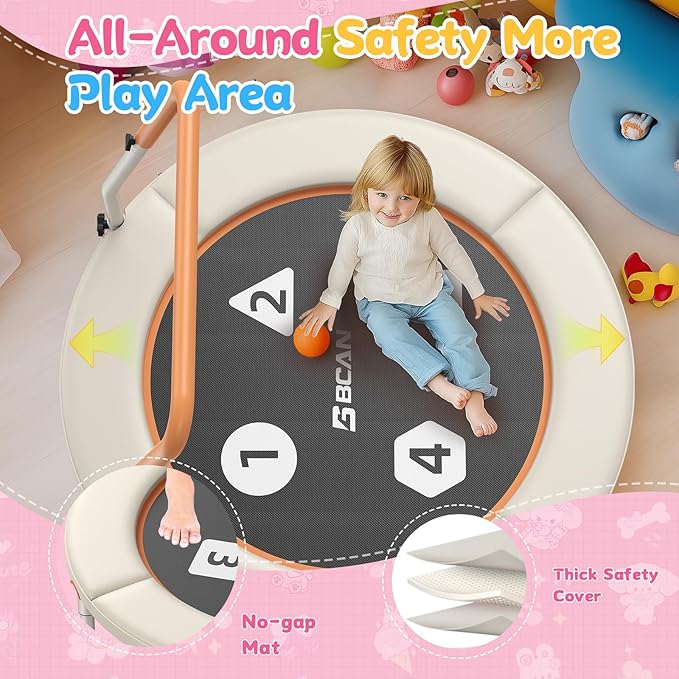 BCAN BT1 36'' Toddler Trampoline, ASTM Certified-Foldable Mini Trampolines for Kids Ages 1-6, Adjustable Handle, Safety Pad & Foldable Legs, Baby Trampoline Indoor/Garden, Gift for Boy and Girl