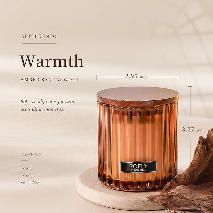 Amber Sandalwood Scented Candle with Crackling Wood Wick, Hand Poured Soy Wax Candle, Long Lasting Aromatherapy Candle for Home, Gifts for Men, 5.29 Oz