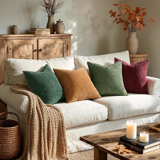 MIULEE Soft Decorative Chenille Pillow Covers Christmas Dark Green 18x18 | Pack of 4，Christmas Decor, Green Red Accent Set, Couch Throw Pillows, Farmhouse Boho Cushion Covers for Sofa Bed Living Room