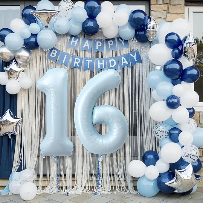 Big Number 16 Balloons, Light Matte Blue Foil 16 Balloon Numbers 40 Inch, Giant 16th Birthday Party Decor, Pastel Baby Powder Blue Mylar Self Inflating Balloon for Boys Men Anniversary Decorations